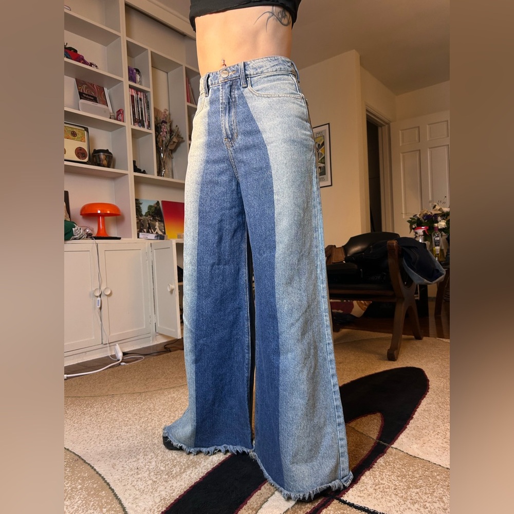 Two-Tone Wide Leg High Waisted Blue Women's Jeans